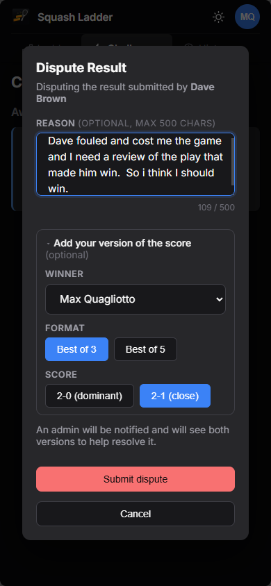 Dispute modal, player submitting their reason