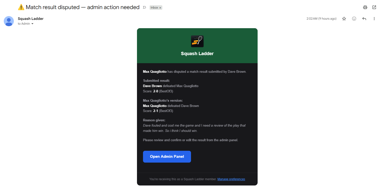 Admin email, both result versions and dispute reason