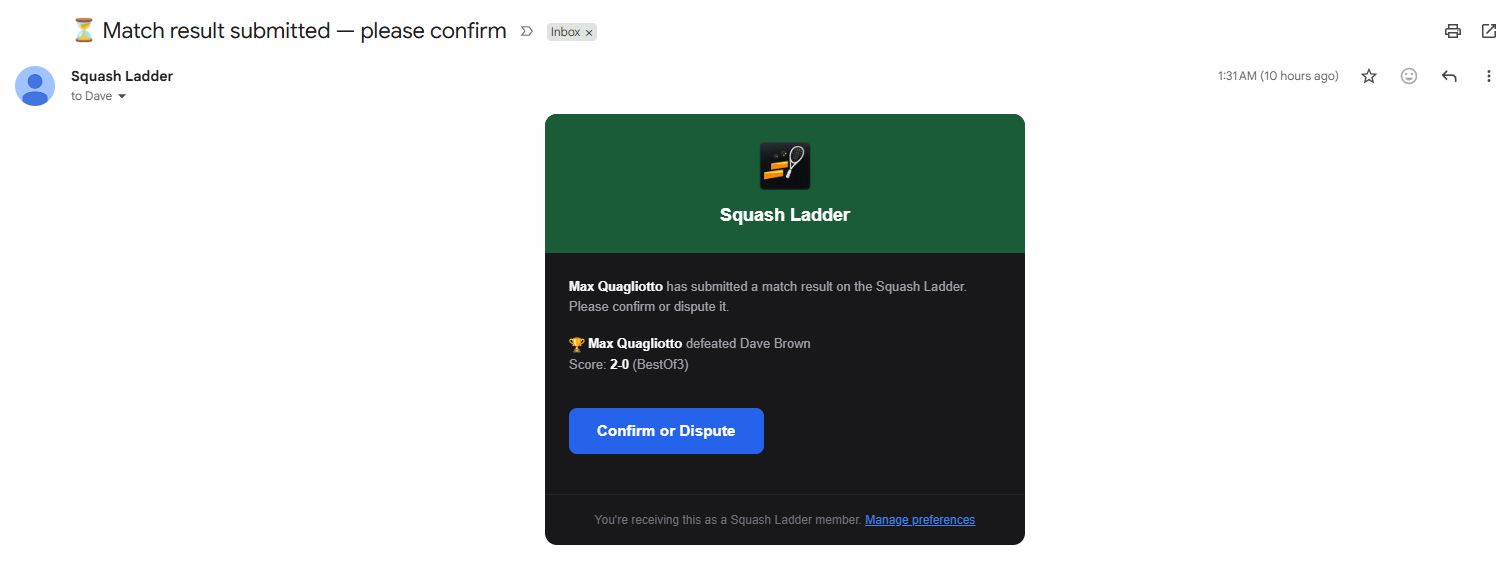 Match result pending confirmation email