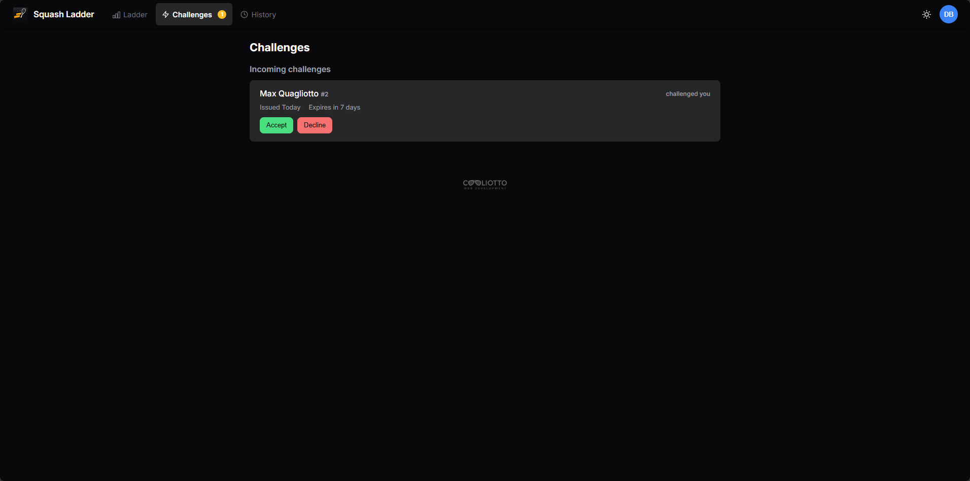 Incoming challenge from Max Quagliotto with Accept and Decline buttons