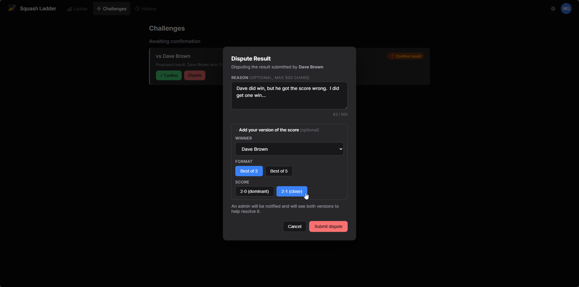 Dispute result modal showing reason field and score entry