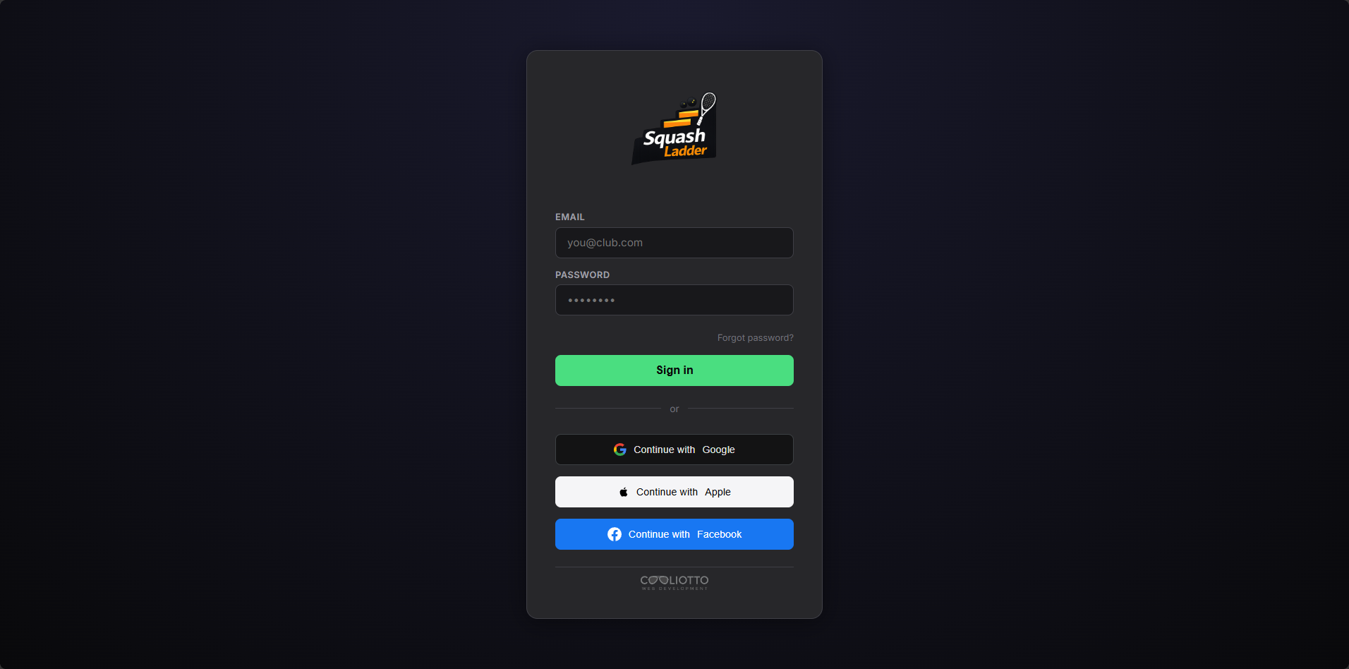 Login page, final desktop state with Squash Ladder logo and icon-circle SSO buttons