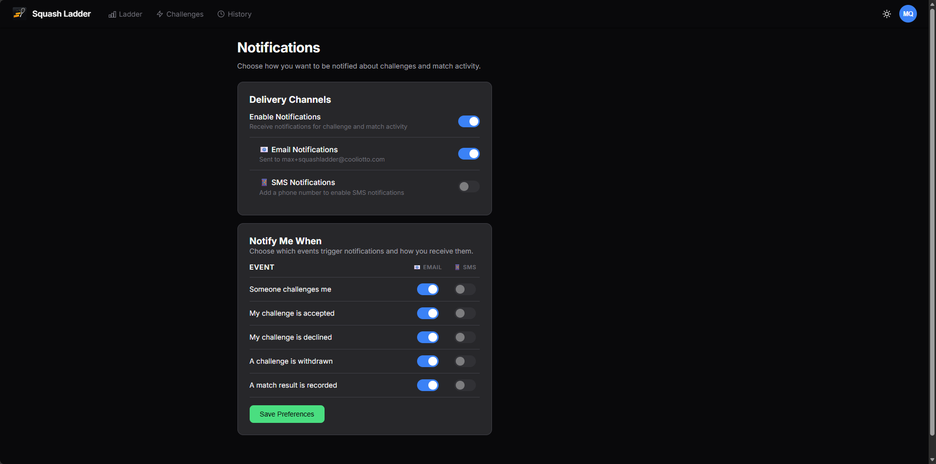 Notifications settings page showing per-event email and SMS toggles