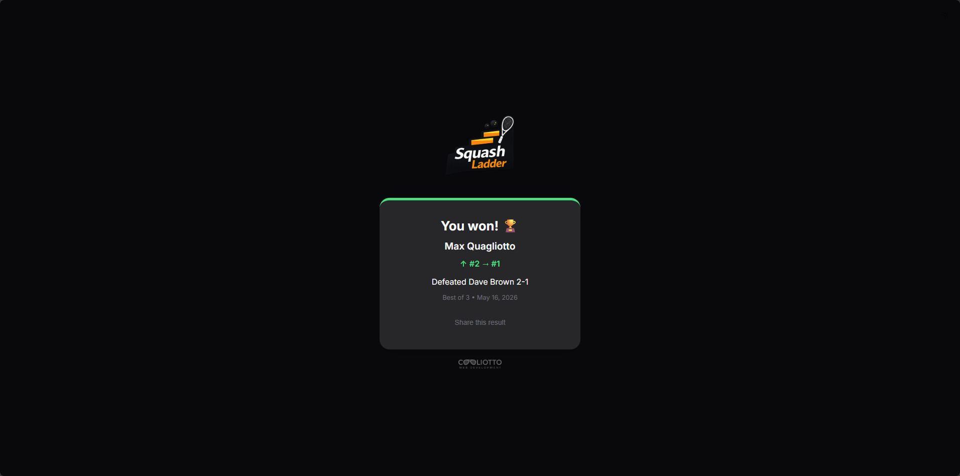 Shareable victory card showing rank climb result