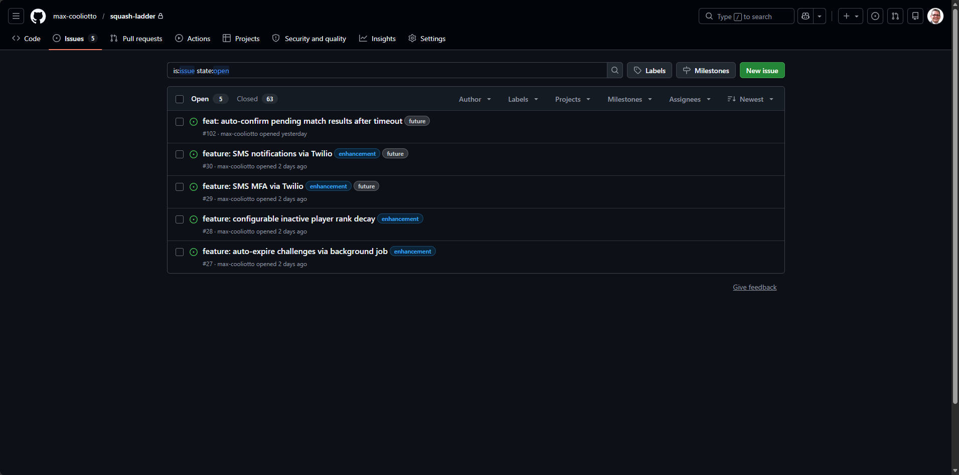 GitHub open issues showing future roadmap items