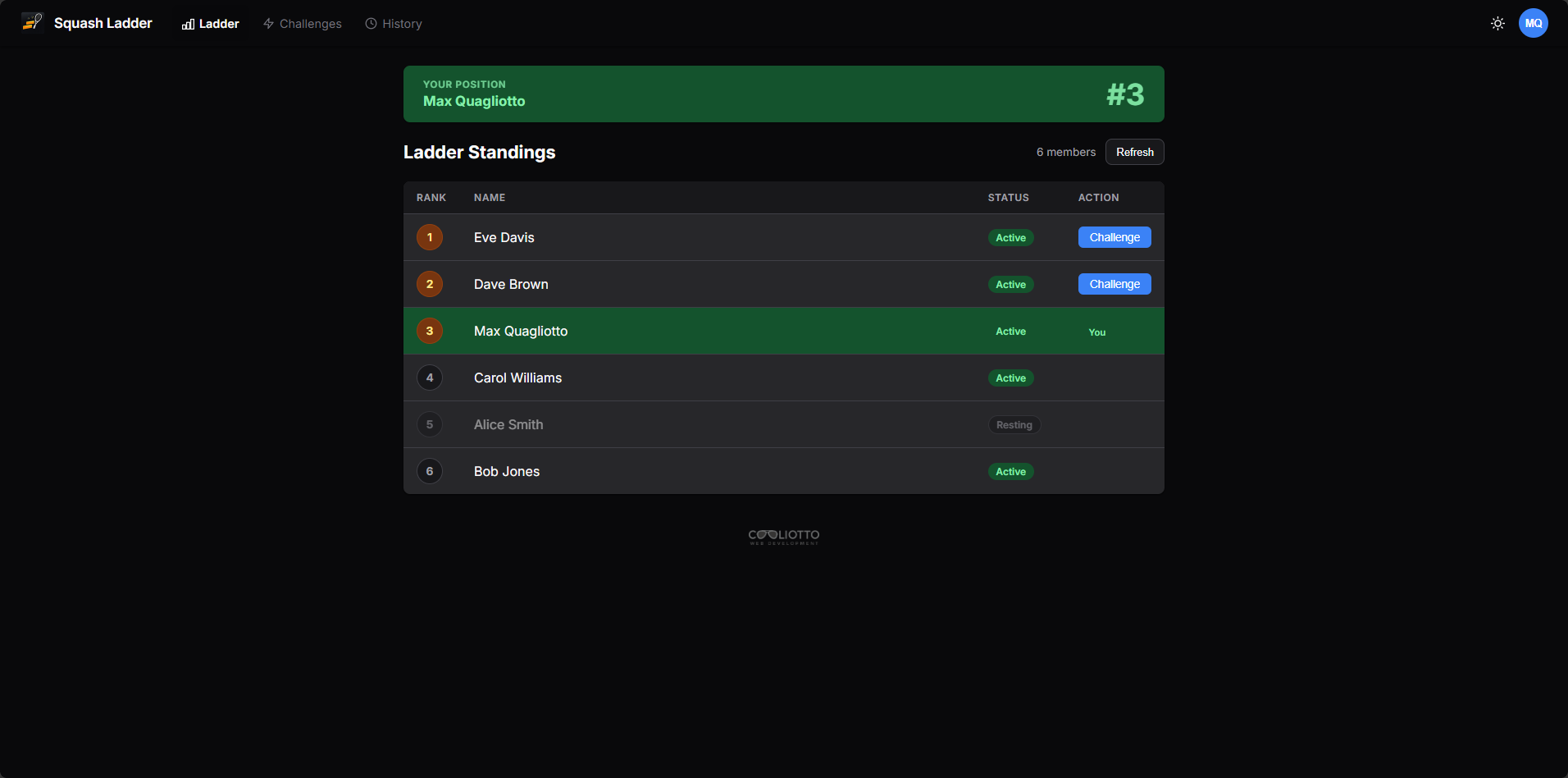Ladder standings in dark mode