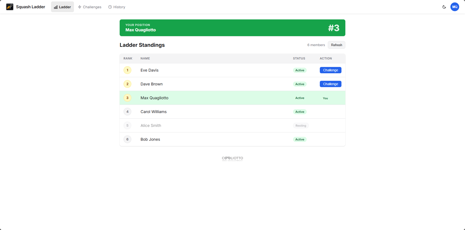 Ladder standings in light mode
