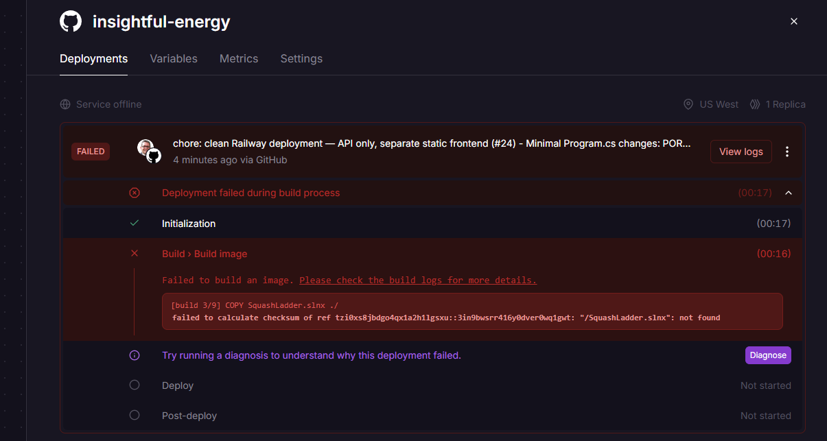 Railway build settings, nixpacks marked as Deprecated